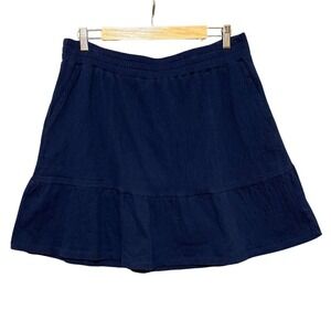 Lands End Womens Textured Mini Skirt Ruffle Hem Elastic Waist Sz XL Navy Pockets